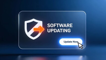 Modern pop up showing update alert icon with glowing shield and cursor on dark tech screen and text software updating, system optimization concept