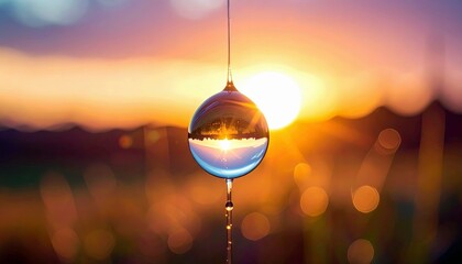 A macro shot of a water droplet reflecting a beautiful sunset, with a blurred background of fields and the sun's rays.