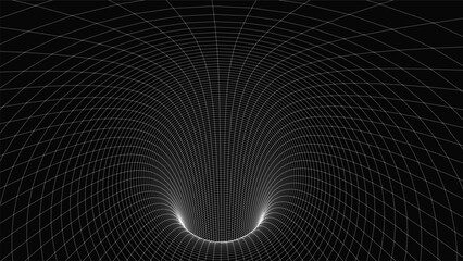 An abstract visualization of a funnel, created from a multitude of thin, smooth lines, creating a deep perspective. The linear grid gradually tapers toward the center, creating the sensation of fallin
