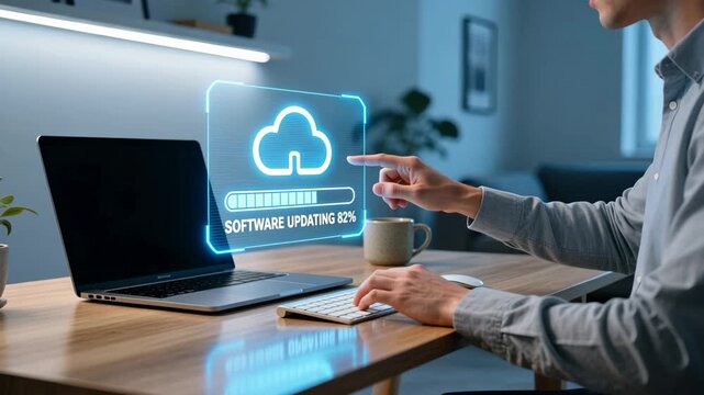 Man using laptop with holographic cloud update icon progress bar glowing above keyboard, system optimization, software update