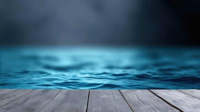 Serene night ocean with wooden pier and calm blue waters - Powered by Adobe