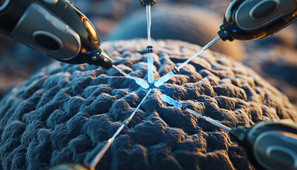 Futuristic Nanobots injecting medicine into a bumpy cancer cell surface, Nanoparticle drug delivery system targeting cancer cell receptor.