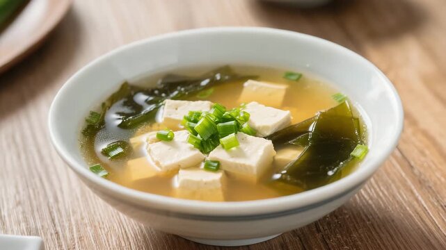 Hot miso soup with tofu cubes, wakame seaweed and chopped green onions served in a ceramic bowl. Classic Japanese dish. Light and healthy meal.