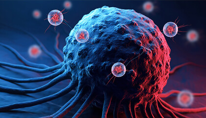 T-cells attacking cancer tumor cell in human immune system.