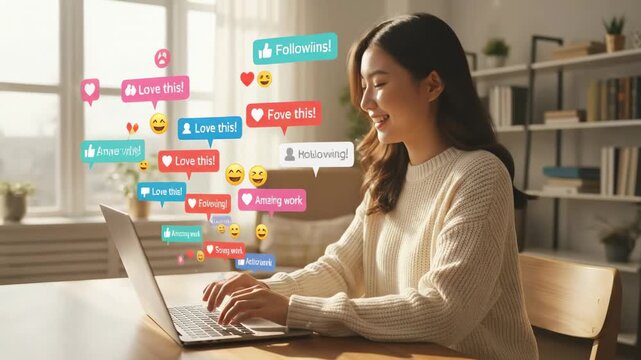 Smiling young asian content creator sitting at her desk, typing on a laptop, and receiving positive feedback, likes, hearts, and comments on her social media posts in a sunlit living room