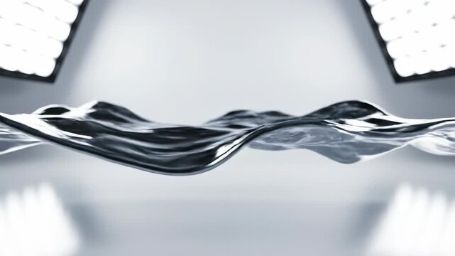 Seamless loop of silver liquid metallic waves flowing horizontally across a clean, minimalist background defining a synthetic fluid horizon texture, abstract, high tech