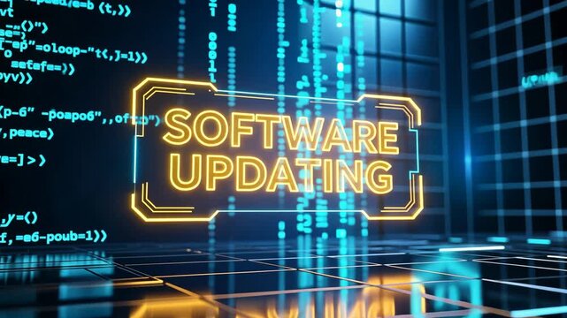 Glowing software updating text over code lines and tech grid in deep blue tones, system optimization, software update