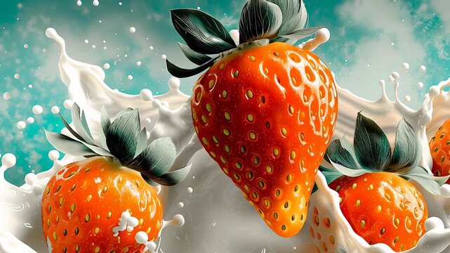 Ripe strawberries diving into white milk splash on teal background with vivid texture and detailed seeds Concept of bright fruity indulgence
