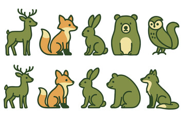 Obraz premium Fun forest animal illustrations with deer, foxes, rabbits, bears, and owls in a playful design for kids