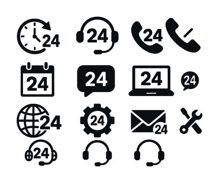 24/7 service icons collection: support, communication, and tools