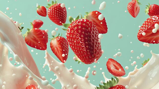 Strawberry halves bursting through thick white milk splash on aqua background with dynamic droplets Concept of energetic fruity freshness