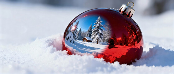 Red holiday ornament shows a tiny distorted winter landscape on fresh snow. Winter landscape features snow covered trees, winter cabin, and blue sky, showcasing beautiful winter scene.