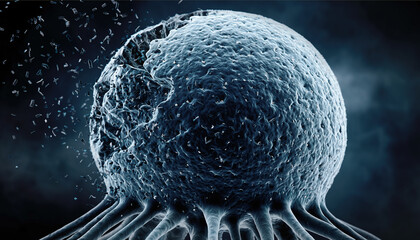 Tumor cell disintegrating during chemotherapy treatment process. Microscopic Cancer Cell Undergoing Molecular Therapy, 