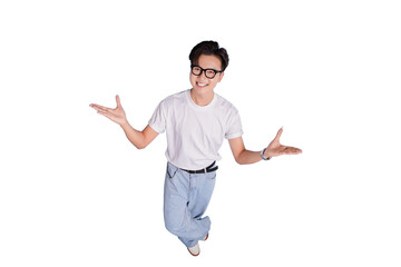 Enthusiastic Presentation: A youthful individual in casual attire, radiating joy and excitement as he gestures expansively, creating a sense of invitation or openness.