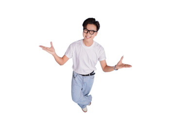 Enthusiastic Presentation: A youthful individual in casual attire, radiating joy and excitement as he gestures expansively, creating a sense of invitation or openness.