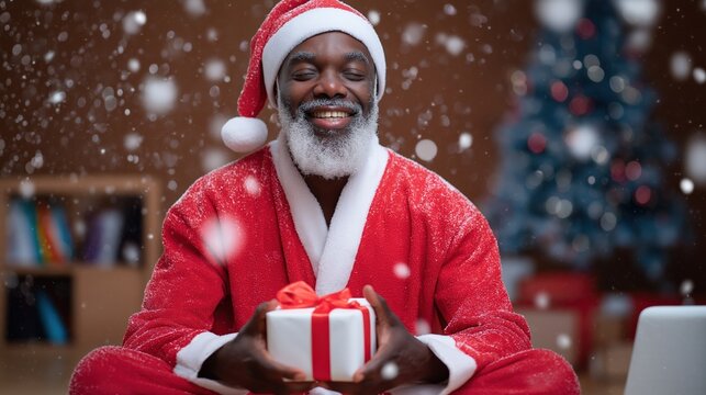 African male santa claus joyfully holding a gift amidst snowflakes