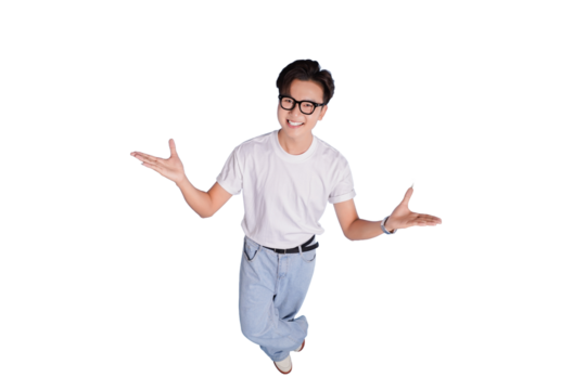 Enthusiastic Presentation: A youthful individual in casual attire, radiating joy and excitement as he gestures expansively, creating a sense of invitation or openness.