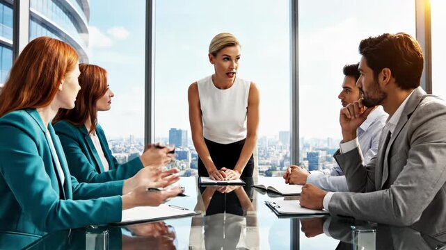 Female executive leading a diverse business meeting with colleagues around a glass table in a modern highrise office with city view