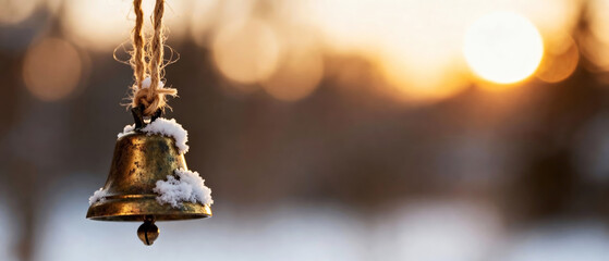 Snow-covered jingle bell hangs gently from rustic rope, adding festive charm to wintry scene. Jingle bell is sprinkled with fresh snow, sunlight streams through background. Evokes holiday cheer..