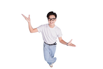 Joyful Expression: A person radiates enthusiasm, presenting an open and welcoming gesture, captured from a unique perspective.