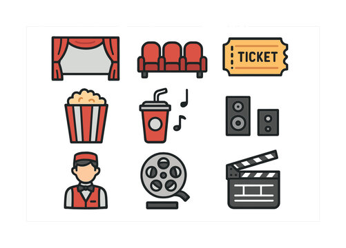 Cinema icons set with snacks, tickets, and theater elements