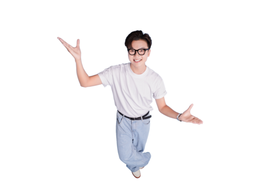 Joyful Expression: A person radiates enthusiasm, presenting an open and welcoming gesture, captured from a unique perspective.