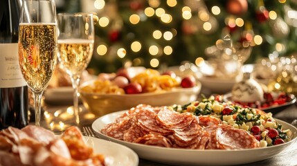 Naklejka premium Festive holiday table setting with champagne, charcuterie, and appetizers in front of a blurred christmas tree