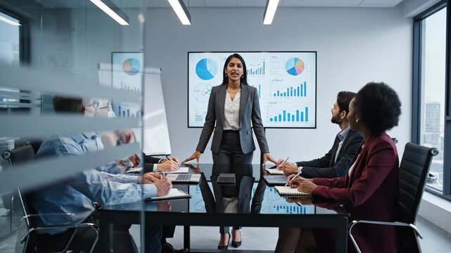 Young professional businesswoman presenting financial growth charts and data analysis to diverse team in modern office meeting room - Powered by Adobe