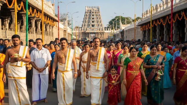 Procession during Pongal Festival in India Traditional Attire, Temple Background, Cultural Heritage, and Community Celebration