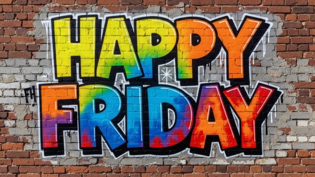 A vibrant graffiti art piece on a brick wall spells out "HAPPY FRIDAY" in bold, rainbow-colored letters, celebrating the end of the work week.