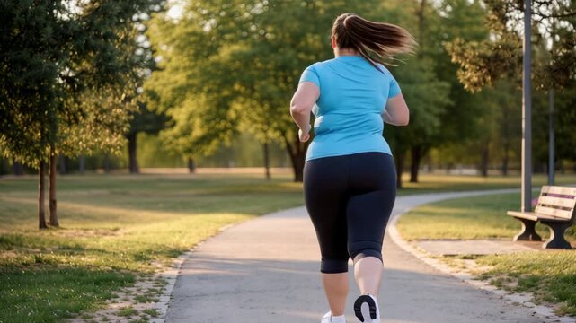 Plus-size woman in sportswear running outdoors on a sunny park trail. Motivational fitness and healthy lifestyle concept. Back view in natural environment.