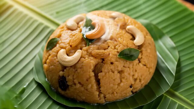 Sweet Pongal Delight Traditional Indian Festival Dish Served on Banana Leaf, Celebrating Harvest, Prosperity, and Cultural Heritage
