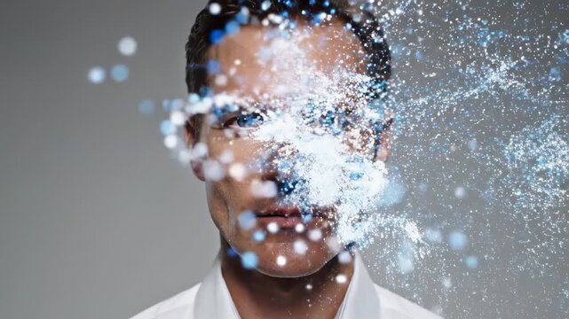 Conceptual animation showing a man's head exploding and dissolving into a cloud of glowing particles, representing information overload, digital chaos, stress, anxiety, and burnout
