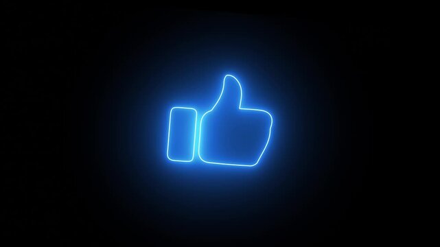 Glowing neon line hand thumbs up icon, facebook like icon. Growing like social media with shiny, glowing neon light, 4k video