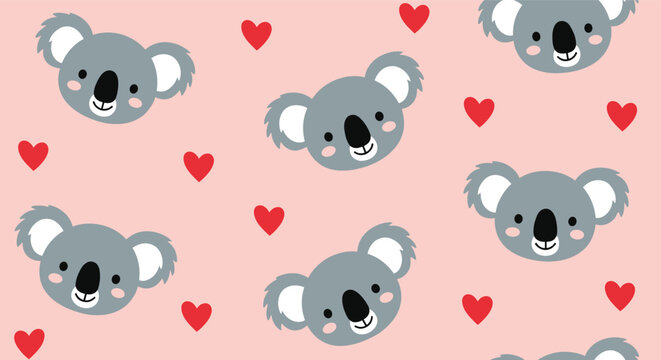 A sweet and adorable seamless pattern background featuring cute cartoon koala faces and small red hearts on a light pink backdrop.