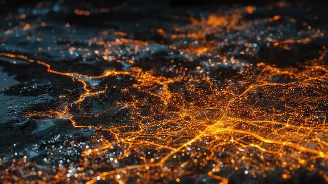 Nighttime satellite image of Earth with a web of glowing orange city lights and road networks.