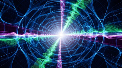 An abstract conceptual journey through a futuristic digital wormhole with vibrant blue and green energy waves and a mesh-like structure