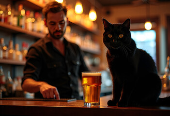 A black cat with yellow eyes sits on the bar counter. A glass of beer sits on the counter, placed there by a bartender in a black shirt.