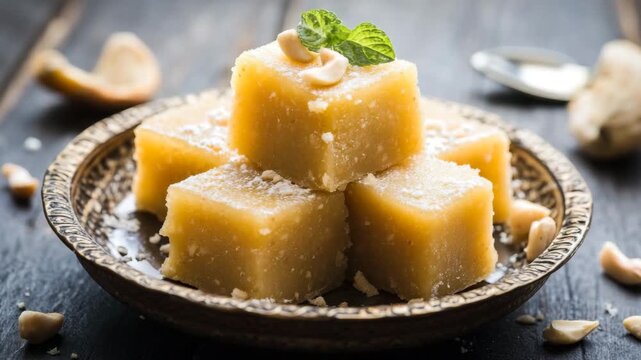 Indian cube-shaped sweet dessert on festive table
