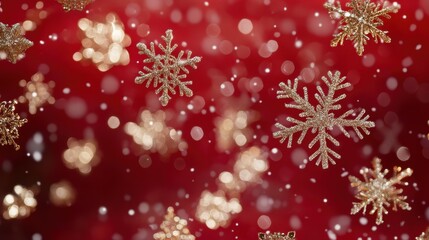 Glittering gold snowflake ornaments falling against a vibrant red background with soft bokeh lights, perfect for holiday themes