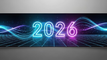 Futuristic 2026 new year celebration with neon lights and digital grid background for technology theme
