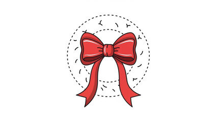 Festive red ribbon bow vector illustration with decorative dashed circle frame, ideal for gifts, celebrations, holidays, and special occasions.