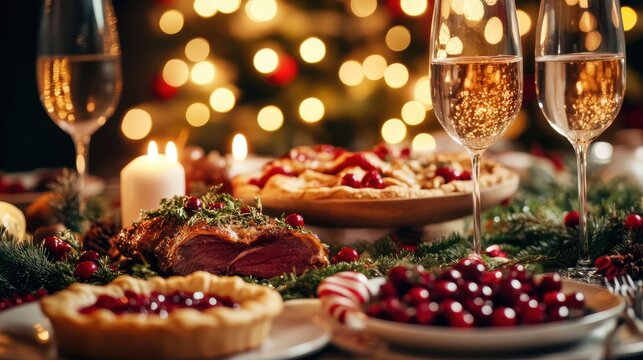 Festive holiday dinner table setting with roasted meat, cranberry tarts, champagne, and warm bokeh lights in background