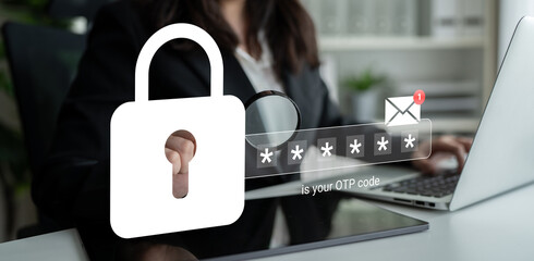 A professional in an office environment interacts with a laptop, showcasing the importance of security through padlock and OTP notification graphics for digital safety. Gantry