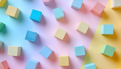 Obraz premium Pastel building blocks flat-lay pattern on a colorful background, perfect for a cheerful kids' toy advertisement or website banner