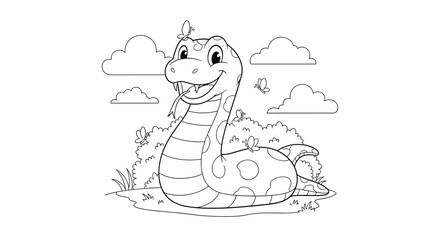 Fototapeta premium A simple and fun coloring page for kids, featuring a friendly cartoon snake with spots, surrounded by butterflies in a grassy field.
