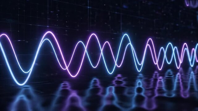 Seamless loop of smooth blue and purple sinusoidal wave lines oscillating rhythmically across a dark futuristic background motion graphics, rhythmic, audio spectrum