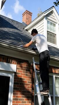 Cleaning gutters in a residential area by removing leaves and debris from the roof
