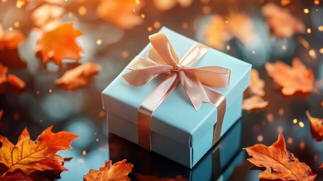 A beautifully wrapped light blue gift box with a shimmering gold ribbon sits among vibrant orange autumn maple leaves with bokeh lights