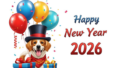 Happy New Year 2026 with charming dog celebrating the joyous holiday.
